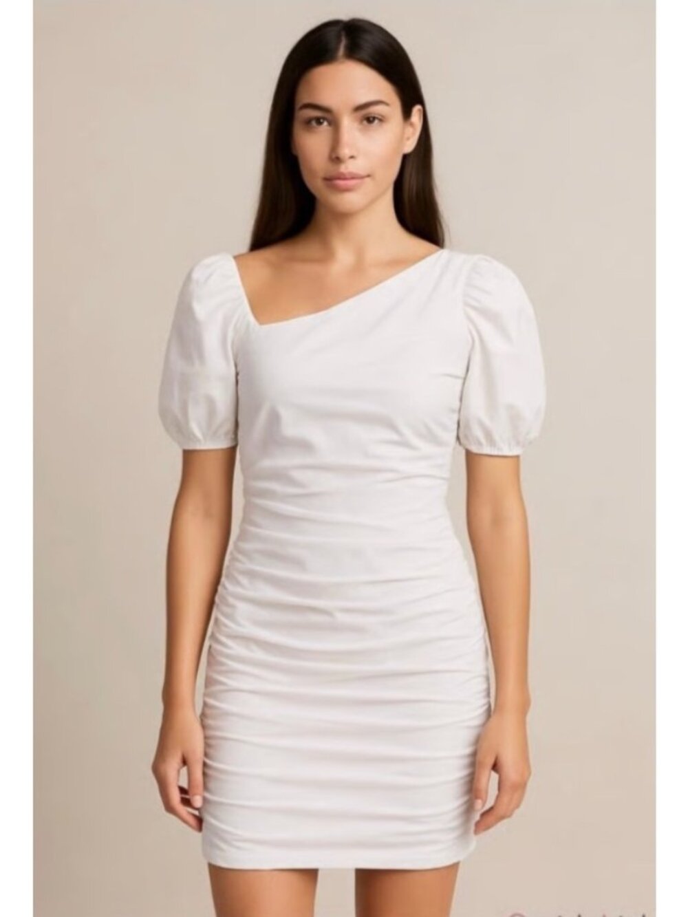 NEW $150 Anthropologie Maeve Slim Puff-Sleeve Ruched Bodycon White Mini Dress